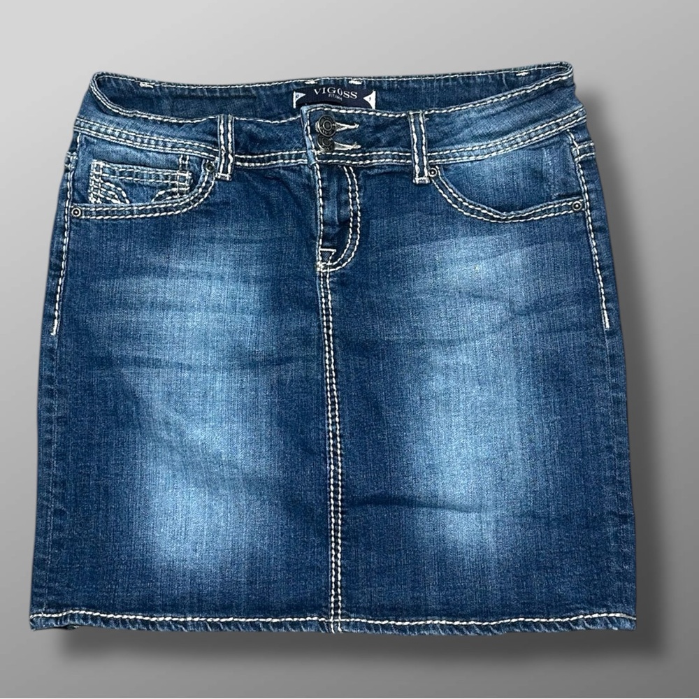 Vigoss Fit Denim Mini Skirt 9/30 Distressed Stretch Thick Stitch Y2K